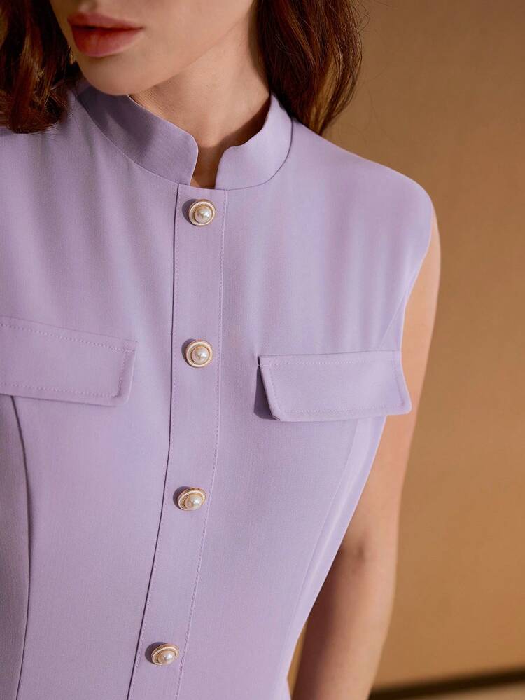 WOMEN BUTTON DECOR SLEEVELESS DRESS