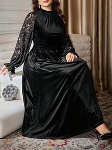 Modelyn Elegant Velvet Contrast Lace Beaded Long Sleeve A-Line Plus Size Dress, Regular Fit For Spring & Autumn