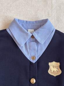 PrepCrw 两件套少女优雅都市校园休闲套装，浅蓝色撞色藏蓝色翻领长袖开衫衬衫搭配卡其色百褶裙，适合返校、休闲外出、旅行、聚会、假期、秋冬季穿着。 - 彩色 - 查看 4