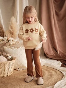 Loomiva 2件套少女花卉印花针织柔软圆领长袖运动衫和松紧腰裤 - 彩色 - 查看 1