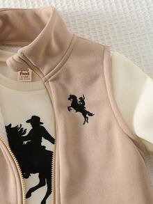 Cozy Pixies Bộ 3 áo nỉ len mềm mại có mũ trùm đầu màu trơn cho bé trai, quần cạp chun và áo vest không tay có đệm, họa tiết ngựa, thích hợp mặc trong nhà, ngoài trời thường ngày, trượt tuyết vào mùa thu/đông - Nhiều màu - Xem 5