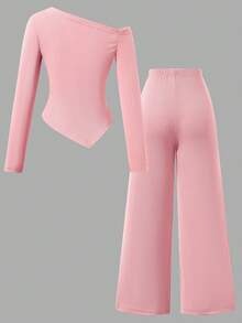 SHEIN Explorewe 2pcs/Set Tween GirlsOblique Shoulder Ribbed Fitted Long Sleeve Top + Straight Leg Pants Outfit - Dusty Pink - View 2