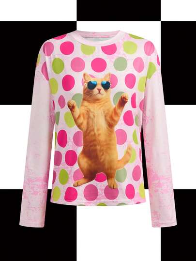Shutterstock Y2Kool Women's Winter New Year Pink Tie-Dye Y2K Style Contrast Polka Dot Cat Print Sexy Loose Holiday Oversized Round Neck Drop Shoulder Blouse Polka Dot Shirt Cartoon Shirts Women Women Long Sleeve Tops Cute Shirts Women Cat Shirts For Women Cat Print Shirt Women Long Sleeve Tops Gyaru Polka Dot Shirt Women Cat Shirt Women Casual Tops Springs Women Birthday For Women Carnival