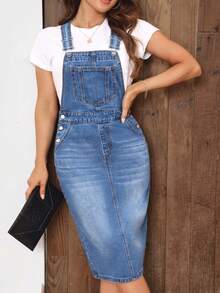 EMERY ROSE Plus Size Women Casual Pocket Design Denim Pinafore Dress - Blue - View 3