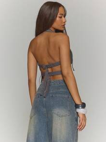 MUSERA Halterneck Buckle Strap Boned Backless Top Fall Autumn Winter Streetwear Cool Night Out Everyday Sexy Onyx - Grey - View 4