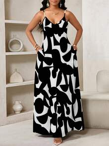 SHEIN Lady 几何印花长款吊带裙，适合日常休闲穿着