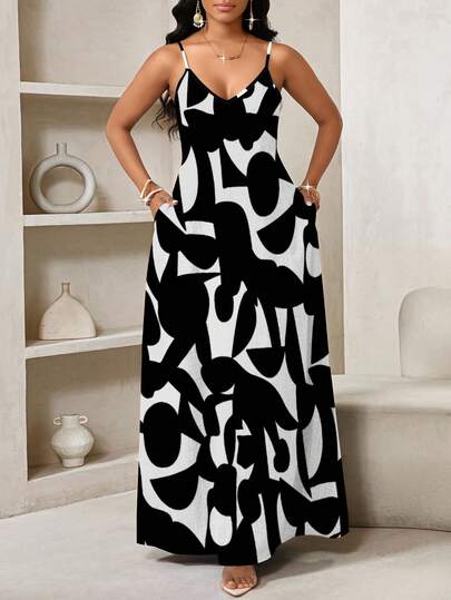 SHEIN Lady Geometric Print, Long Slip Dress Suitable For Everyday Casual Wear