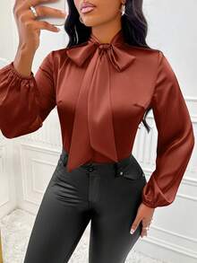 SOLERSUN 光泽优雅的杏色衬衫，适合女士通勤、休闲商务，适合新年假期派对服装 - 鏽棕色 - 查看 6