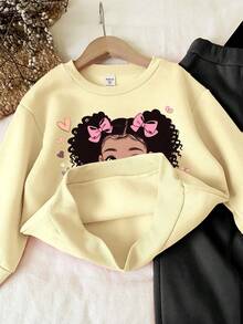 SHEIN 2 件套年轻女孩宽松休闲简约厚圆领运动衫套装，适合秋冬季 - 杏色 - 查看 3