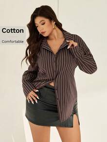 Auralis 大码女式优雅通勤/办公室复古学院风开衫腰棕色长袖条纹衬衫 - 彩色 - 查看 2