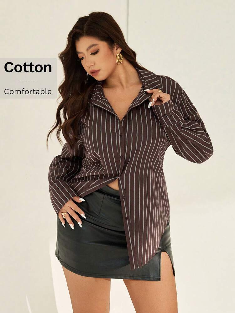 Auralis 大码女式优雅通勤/办公室复古学院风开衫腰棕色长袖条纹衬衫 - 彩色 - 查看 2