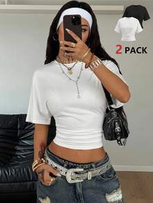 Coolane 95%纯棉两件套女式极简Y2K基础款宽松褶皱短款T恤 - 弹力黑白两件套，适合四季日常穿着、休闲返校、街头风。 - 彩色 - 查看 11