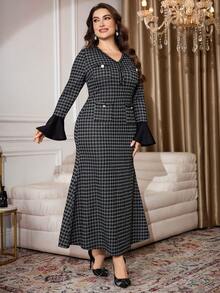 Modelyn 大码女士优雅格子V领拼接喇叭袖连衣裙 - 彩色 - 查看 5