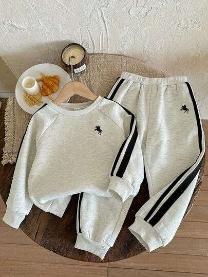 LMoss Kids 男童条纹插肩袖套头衫卫衣和运动裤套装，适合秋冬季穿着