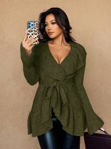 Rafferiza 女士简约优雅法式浪漫系带开衫 绿色开衫 女士橄榄绿 - 軍綠色 - 查看 3