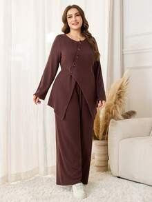 Lacomfia Plus Size Women's Solid Color Single-Breasted Long Sleeve Split Hem Top And Wide Leg Pants Casual 2-Piece Set - Coffee Brown - View 6