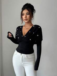 Elenzga Women's V-Neck Raglan Long Sleeve Mesh Patchwork Fitted Waist Beaded Decor Elegant Refined T-Shirt - Black - View 5