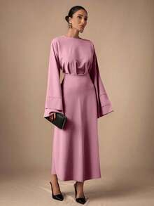 EURMUSE Women's Solid Color Round Neck Pleated Elegant Long Sleeve Dress - Baby Pink - View 7