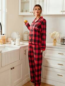 Doze Lane 女士复古休闲撞色格子“Hers”字母印花翻领长袖宽松睡衣套装 红色睡衣套装 女士格子睡衣，秋冬服装 - 彩色 - 查看 6