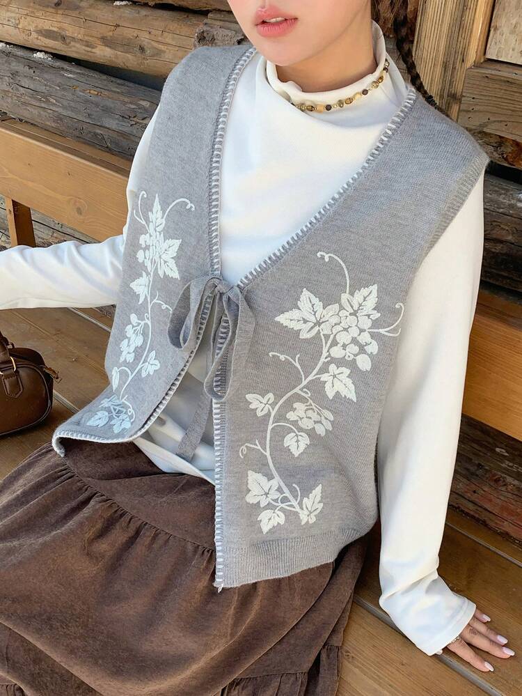 Dazy Plus Contrast Color Pattern Embroidered V-Neck Tie Front Casual Cardigan Sweater Vest, Plus Size For Women, Autumn/Winter