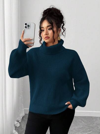 Elenzga 大码纯色高领落肩长袖宽松针织休闲罗纹套头毛衣