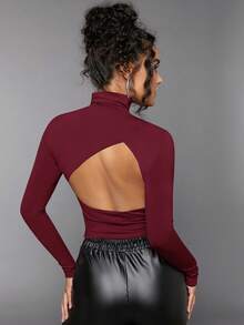 Silquee 女士纯色立领露背修身 T 恤，优雅秋季 - 酒紅色 - 查看 2