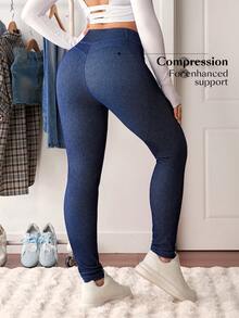 SHEIN Essnce 女式松紧腰紧身休闲牛仔裤 - 藍色 - 查看 2
