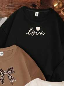 SHEIN Leap Crew 3件套复古奶油白、黑色、卡其色豹纹爱心、豹纹蝴蝶结、字母图案少女休闲宽松圆领舒适长袖卫衣，适合秋冬季穿着 - 彩色 - 查看 5