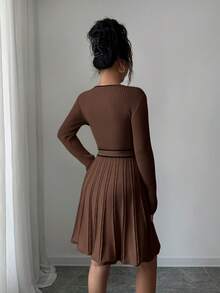 SHEIN Elenzya Váy len peplum viền tương phản cổ chữ V ôm sát thanh lịch dành cho nữ, mùa thu/đông - màu nâu - Xem 2