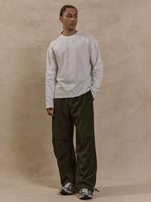 Musero Men Wide Leg Baggy Knee Overlay Panels Ruched Double Style Waistband Elasticated Drawstring Waist Pants SPRING SUMMER - Army Green - View 1