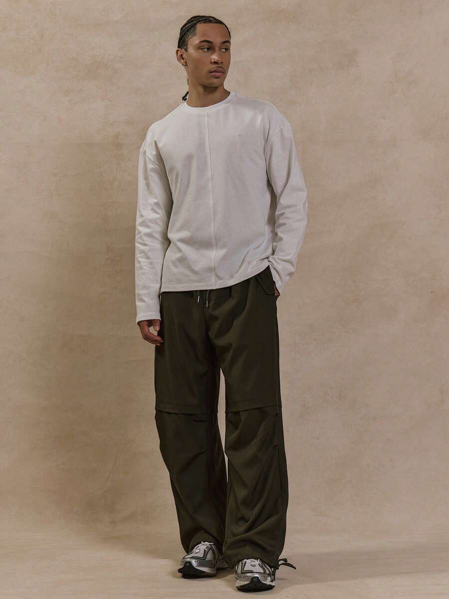 Musero Men Wide Leg Baggy Knee Overlay Panels Ruched Double Style Waistband Elasticated Drawstring Waist Pants SPRING SUMMER - Army Green - View 1