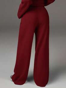 Athîral Burgundy Autumn Women's Casual Lounge Sweater Pants,Versatile Comfortable Loose Drawstring Knit Wide Leg Flare Sweatpants For Fall/Winter - Burgundy - View 2