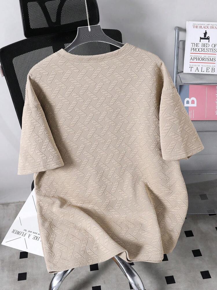 Teenage Boys' Summer Geometric Textured Fabric Sports Street Casual Minimalist Fashion Loose Small Logo Embroidery Round Neck Loose Short Sleeve T-Shirt - Khaki - View 2