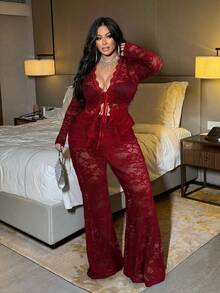 NU&NOW Conjunto de 2 piezas de top de manga larga y pantalones con adorno de encaje, talla grande y sexy - Rojo - Ver 3
