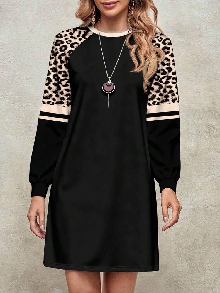 EMERY ROSE 女士复古豹纹条纹印花时尚圆领长袖休闲短裙，优雅经典，适合秋冬季节，约会、聚会、通勤皆宜。 - 白色 - 查看 5