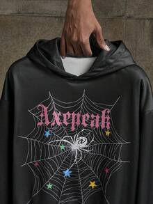 AXEPEAK Men's Casual Halloween Spider Letter Star Print Drop Shoulder Loose Fit Thermal Lined Hoodie Sweatshirt, Autumn/Winter,Fleece, Long Sleeve Top - Black - View 3