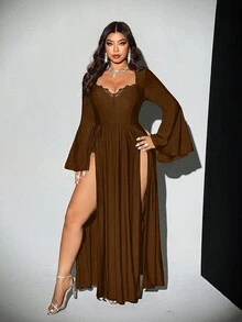 Viva Relle 大码优雅性感品牌经理喇叭袖开衩连衣裙 - 棕色 - 查看 4