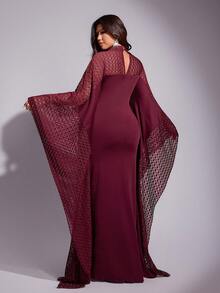 Viva Relle Women Summer Elegant Lace-Patterned Patchwork Bell Sleeve Dress For Burgundy,Winter,Wedding,Christmas,New Year's,Valentine's Day,Parties, Fall - Red - View 4