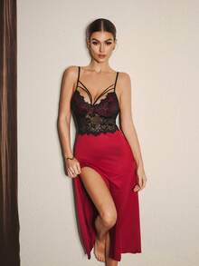 Slumberist Women Sexy Lace Patchwork Slit Nightgown - Burgundy - View 4