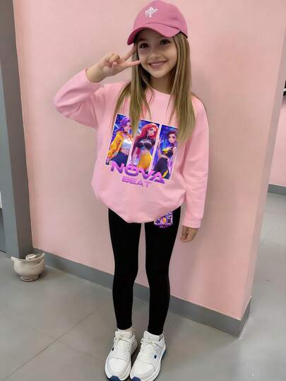 Cozy Fall & Winter Styles, Young Girls Casual Fashion Creative Personalized Fresh Minimalist Cute Virtual Girl Group Character Slogan Graphic Print Long Sleeve T-Shirt And Leggings Set, Comfortable Outfit