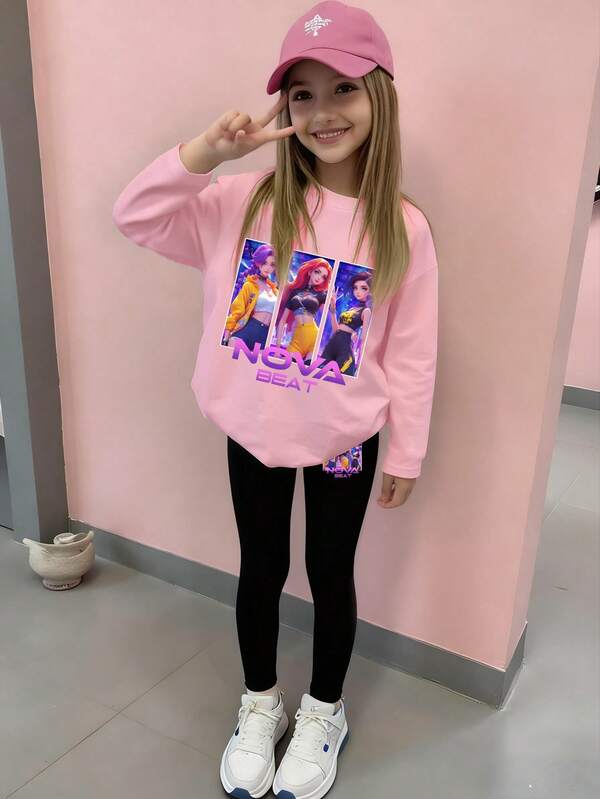 Cozy Fall & Winter Styles, Young Girls Casual Fashion Creative Personalized Fresh Minimalist Cute Virtual Girl Group Character Slogan Graphic Print Long Sleeve T-Shirt And Leggings Set, Comfortable Outfit