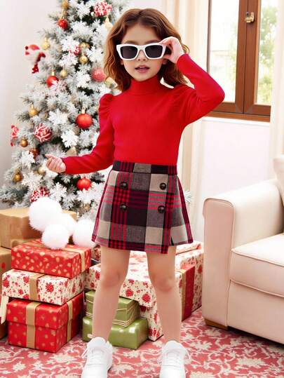 2 件套年轻女孩针织圆领泡泡袖上衣和格子裙套装，可爱休闲复古学院风，适合秋冬日常休闲和学校穿着，非常适合圣诞节