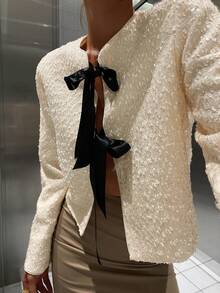 Livesso 女士优雅纹理开衫衬衫，撞色蝴蝶结设计，适合新年、圣诞节、婚礼、派对、舞会、春秋冬季女式外套 - 米色 - 查看 1