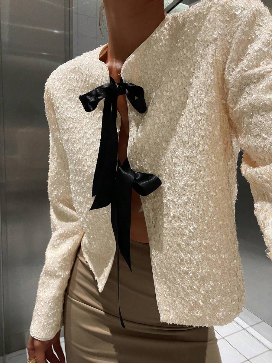 Livesso 女士优雅纹理开衫衬衫，撞色蝴蝶结设计，适合新年、圣诞节、婚礼、派对、舞会、春秋冬季女式外套 - 米色 - 查看 1