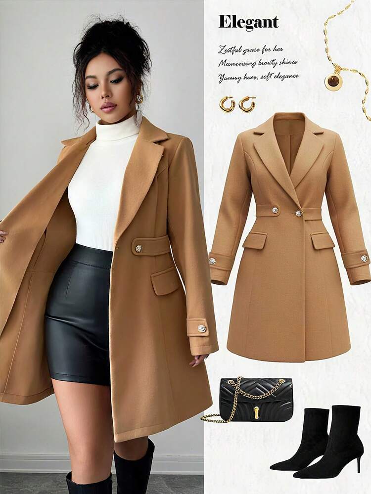 Selianne Abrigo largo de manga larga ajustado y de longitud media, reversible, con cuello, diseño de bolsillos falsos, botones decorativos de metal y color marrón-amarillo elegante y versátil para uso diario - Marrón - Añade 3