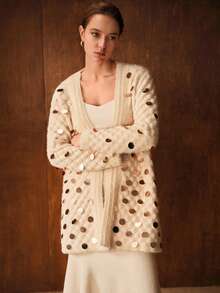 MOTF PREMIUM SEQUIN TEXTURE KNIT BELTED CARDIGAN - Apricot - View 6