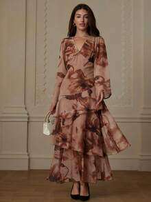 GENKIRA New Arrival Spring/Summer Floral Chiffon Print Multi-Layer Sexy Flared Dress - Orange - View 4