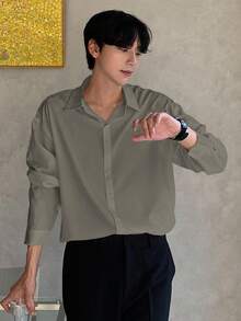 DAZY 男士长袖纯色前开襟休闲衬衫，春秋季 - 灰色 - 查看 3