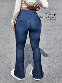 SHEIN Essnce 女士弹性腰带口袋休闲喇叭牛仔裤，百搭 - 藍色 - 查看 2