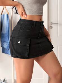 SHEIN Tall 女式休闲水洗牛仔工装迷你裙 - 黑色 - 查看 5